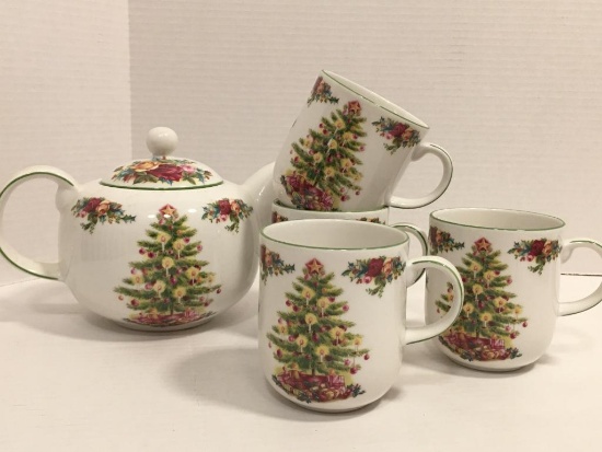 Royal Albert Old Country Rose Christmas Tea Set w/4 Mugs