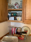 Cabinet Lot & Left Side of Counter of Misc Glassware & More