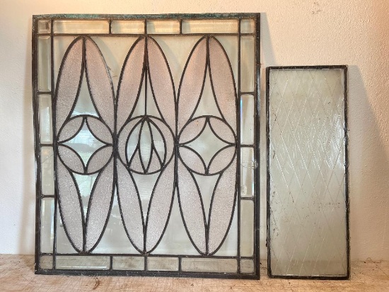 Leaded Glass Window 25" x 30 " Damaged in Many Places and a Transom Window with Chip