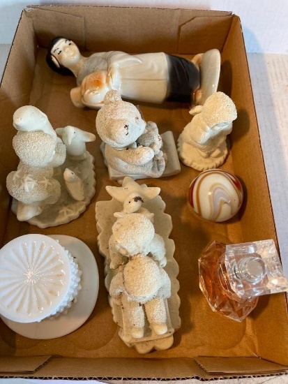 Group of Vintage Snow Babies, Milk Glass Vase, Perfume, Marble Finial & More