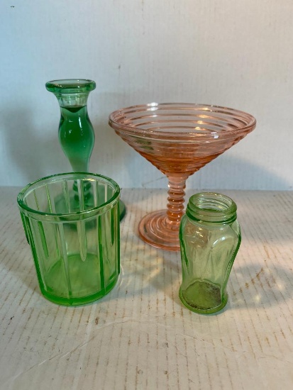 Misc Lot of Depression Glass Jars, Candle Holder & Raised Pink Candy Dish