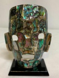 Vintage Mayan Abalone Shell Mask Sculpture on Stand
