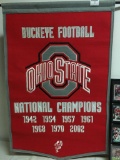 Ohio State Memorabilia Incl Embroidered Felt Flag & Football Card Wall Display