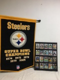 Pittsburgh Steelers Memorabilia Incl Embroidered Felt Flag & Football Card Wall Display