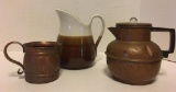 3 Piece Lot Incl Pottery Pitcher, Copper Cup & Coffee Pot