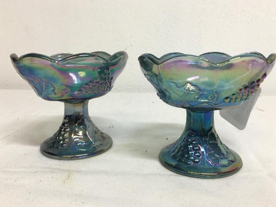 Pair of Blue Carnival Glass Raised Candle Holders