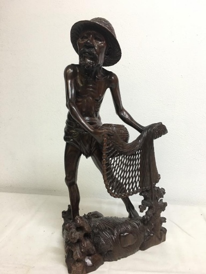 Wood Carved Fisherman Statue