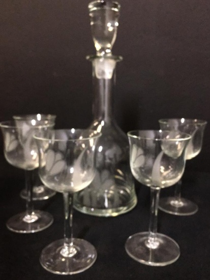 Etched Decanter w/Ground Stopper & 5 Wine Glasses