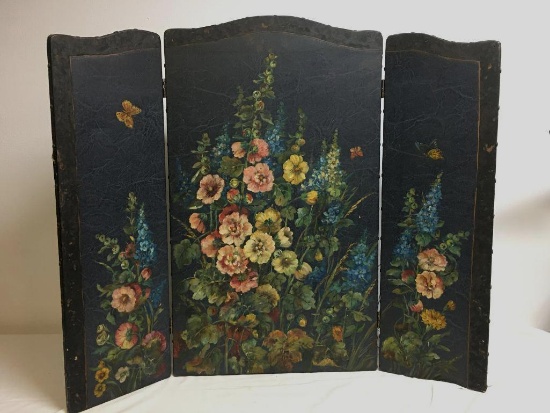 Vintage Hand Painted Original Oil on Leather Fire Screen