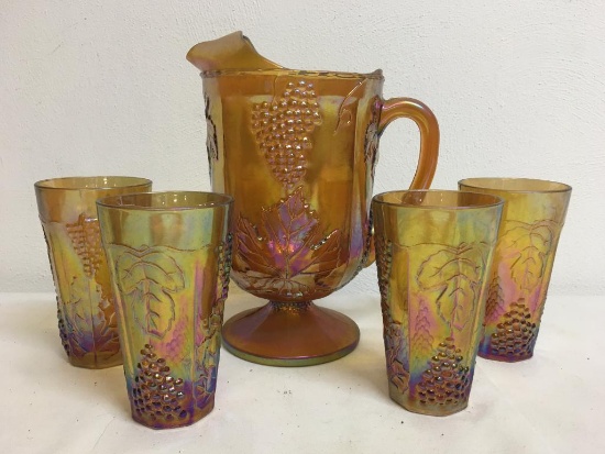 Raised Carnival Glass Pitcher w/Applied Handle & 5 Drinking Glasses