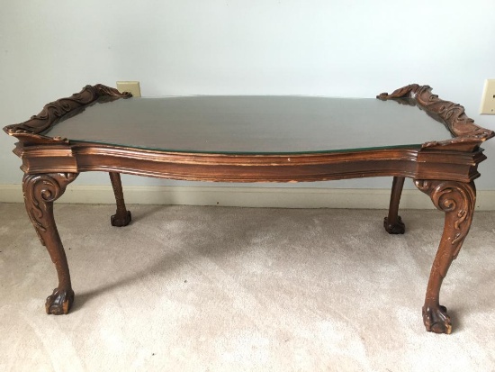 Vintage Claw & Ball Foot Ornate Wood Coffee Table with Glass Top