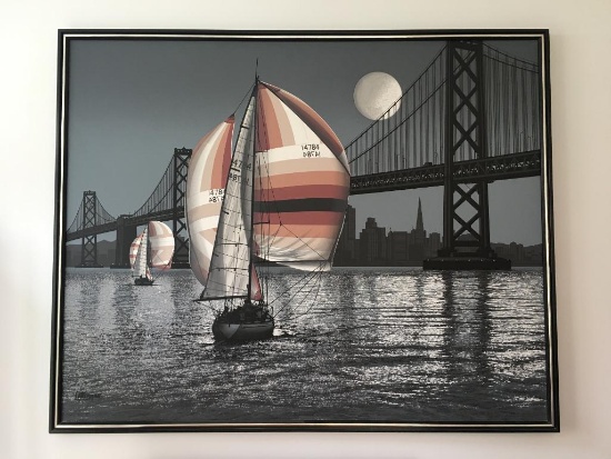 Framed Letterman Silk Screen Print of Bay Bridge in San Francisco