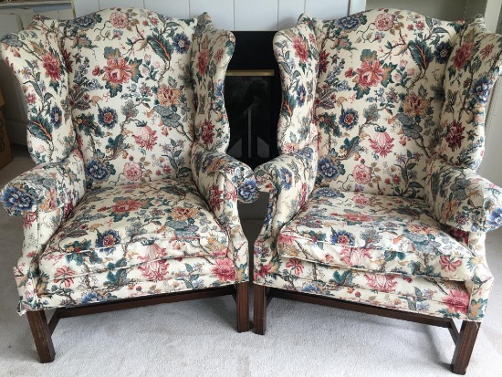 Pair of Floral Wingback Chairs