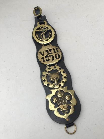 Vintage Four Brass Medallion Leather Horse Strap