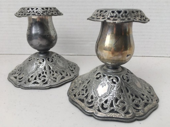 Vintage Pair of Silver Plated Filigree Candlestick Holders Pat. #72883