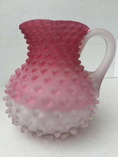 Antique Hand Blown Ombre Frosted Glass Hobnail Pitcher w/Applied Glass Handle