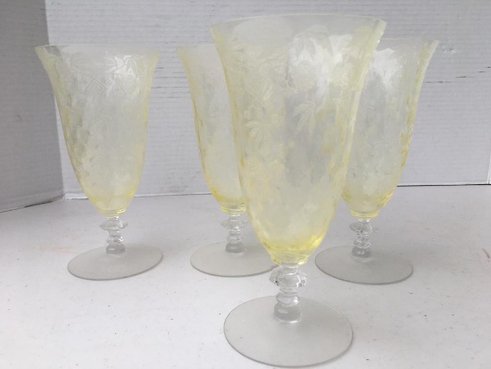 Group of 4 Light Yellow Floral Print Wine Glasses