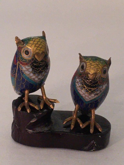 Pair of Cloisonne Owls w/Stand