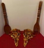 Wood Decorator Lot Incl. Fork , Spoon and Shelves