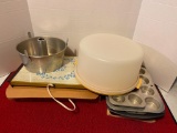 Misc Kitchen Lot Incl Cake Pan, Carrier, Warming Plate and Baking Tins