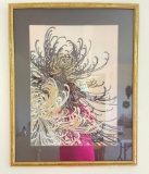 Framed Art Item Painted on Japanese Antique Fabric with Sumi and Gold Leaf