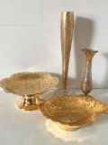 4 Piece Lot Incl 22K Gold Overlay Candy Dishes, Champagne Glass and Bud Vase