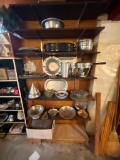 Six Shelves of Silver Metal Serving Plates, Baking Pans, Warmer and More