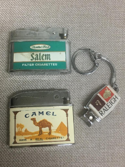 Group of Three Vintage Cigarette Advertisement Butane Lighters and Key Chain