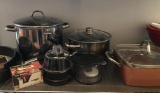 Shelf Lot of Kitchen Items Incl Stock Pot, Chopper, Baking Dishes and More