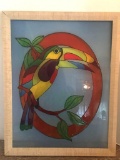 Framed Painted Stain Glass Parrot