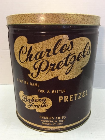 Vintage Charles Pretzels tin Can Calhoun, KY