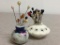 Vintage Pair of Porcelain Hat Pin Holders and Hat Pins