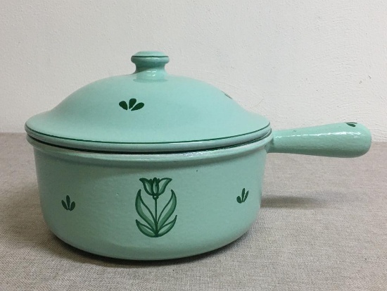 Vintage DRU Holland #22 Aqua Blue/Green Enamel Cast Iron Pot w/Lid