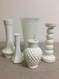 Group of Milk Glass Vases and Candle Holder