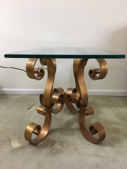 Vintage Glass End Table w/Decorative Metal Base