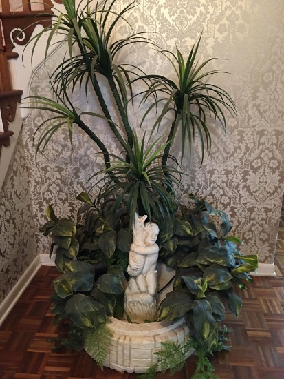 Two Piece Resin Water Fountain w/Faux Plants and Lights