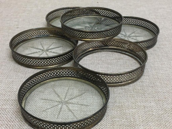 Group of Six Vintage Sterling Silver and Glass Coasters