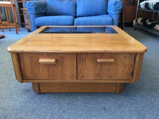 Mid Century Modern Glass Top Coffee Table w/Two Drawers on Casters