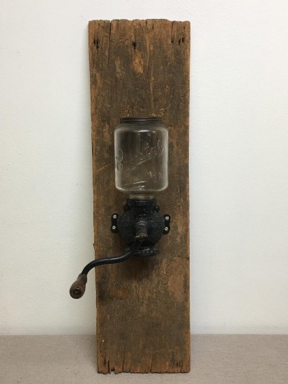 Vintage Arcade Crystal Coffee Grinder Wall Mount Hand Crank Mounted on Oak Board