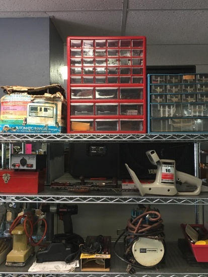 Three Shelf Lot of Nut and Screw Bins, Automatic/Manual Charger and Hand Tools