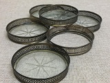 Group of Six Vintage Sterling Silver and Glass Coasters