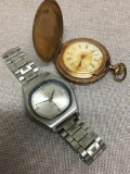 Two Piece Lot Incl Men's Elgin Calendar Wristwatch and NY Standard Pocket Watch