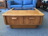 Mid Century Modern Glass Top Coffee Table w/Two Drawers on Casters