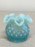 Fenton Style Hobnail Ruffle Top Blue Glass Vase