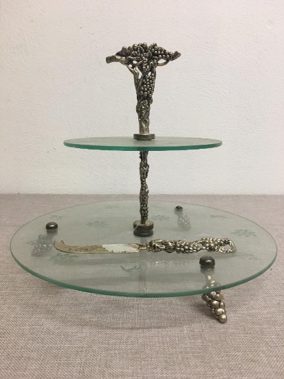 Vintage Two Tier Etched Glass Footed Serving Tray w/Knife