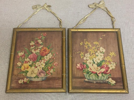Set of Two Vintage Bamboo Style Framed Floral Prints