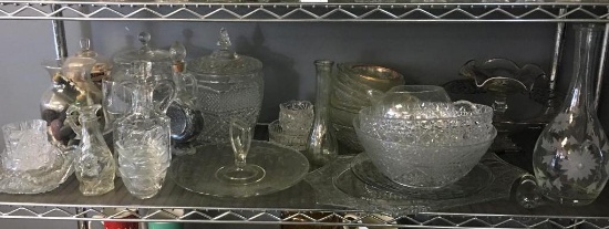 Shelf Lot of Misc Clear Glass Items