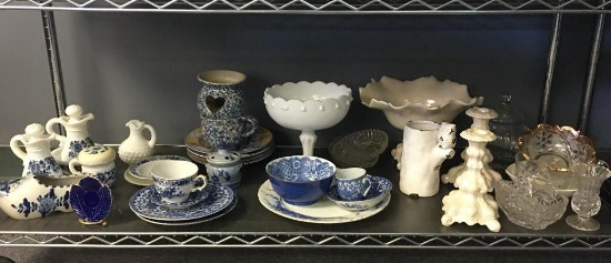 Shelf Lot of Decorative Porcelain Plates, Bowls, Candle Holders and More