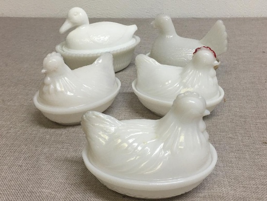 Group of Five Vintage Milk Glass Hen/Duck on a Nest