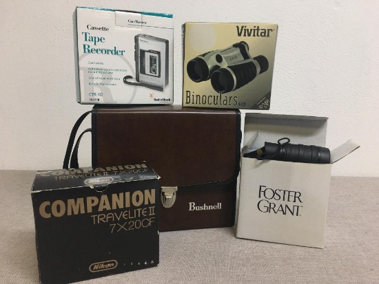 Group of Binoculars and Tape Recorder in Box